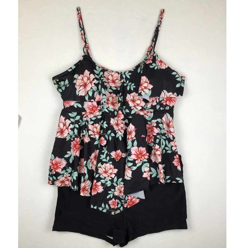 NWOT Floral Ruffle Tiered Tankini Set with Boy Shorts Black Pink 3XL